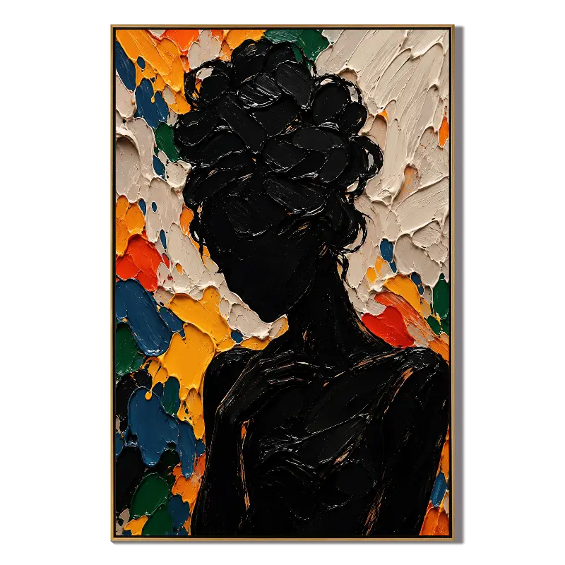 Ownanart Hand-Painted Abstract Woman Silhouette Oil Painting – Colorful Impasto Textured Portrait Canvas Wall Art