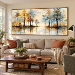 Ownanart Hand-Painted Autumn Lake Landscape Oil Painting – Blue and Golden Trees, Reflective Water, Horizontal Canvas Wall Art #OA 1442