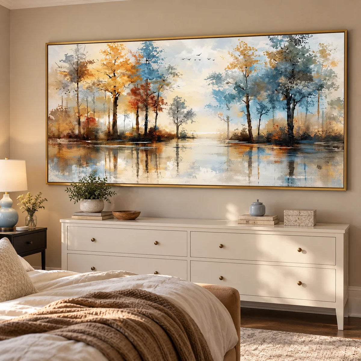 Ownanart Hand-Painted Autumn Lake Landscape Oil Painting – Blue and Golden Trees, Reflective Water, Horizontal Canvas Wall Art