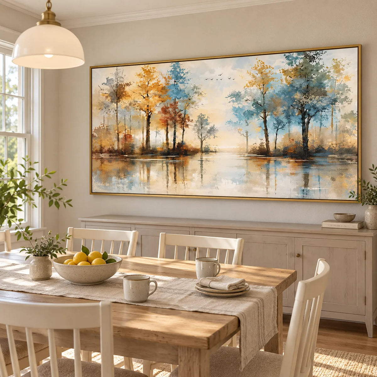 Ownanart Hand-Painted Autumn Lake Landscape Oil Painting – Blue and Golden Trees, Reflective Water, Horizontal Canvas Wall Art