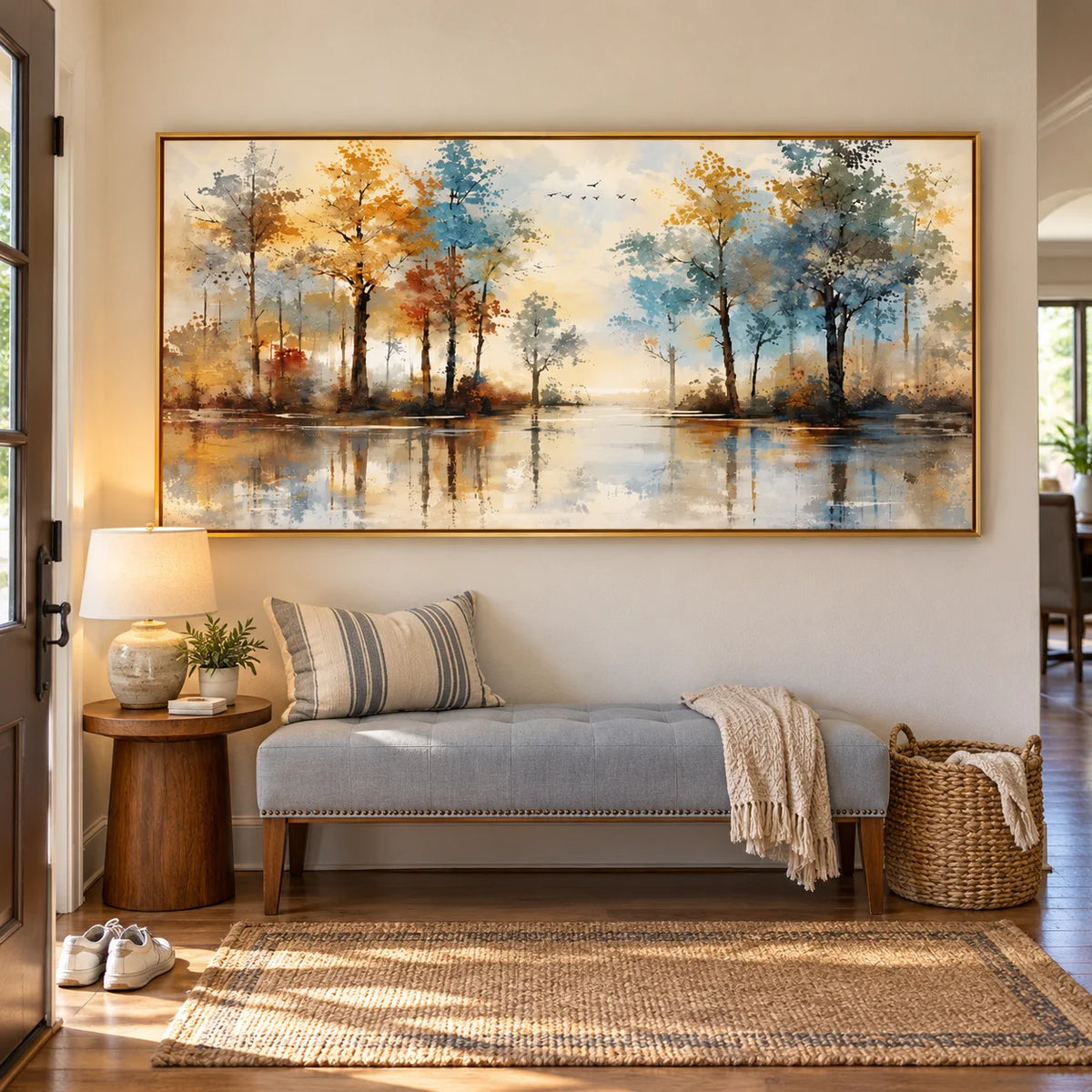 Ownanart Hand-Painted Autumn Lake Landscape Oil Painting – Blue and Golden Trees, Reflective Water, Horizontal Canvas Wall Art