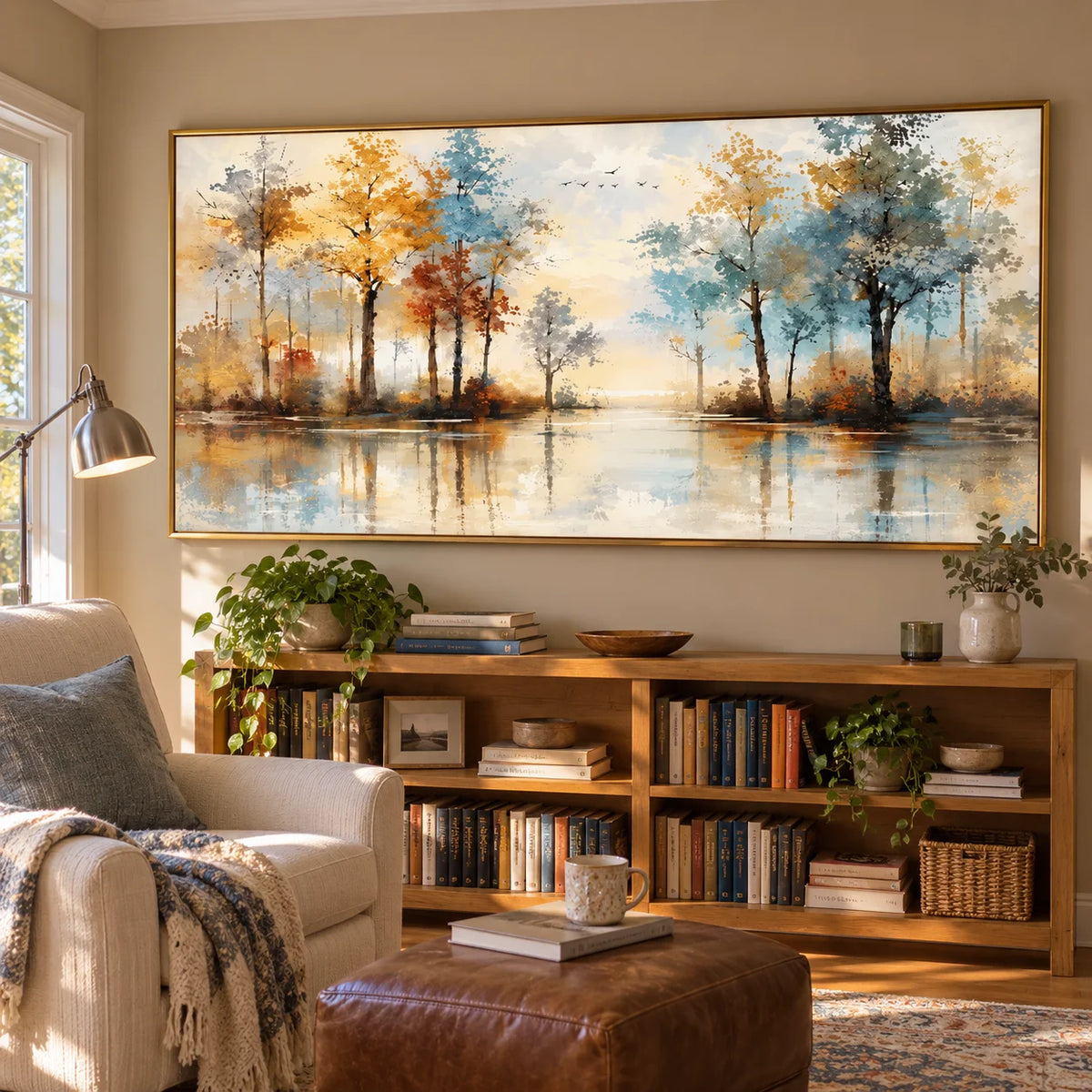 Ownanart Hand-Painted Autumn Lake Landscape Oil Painting – Blue and Golden Trees, Reflective Water, Horizontal Canvas Wall Art