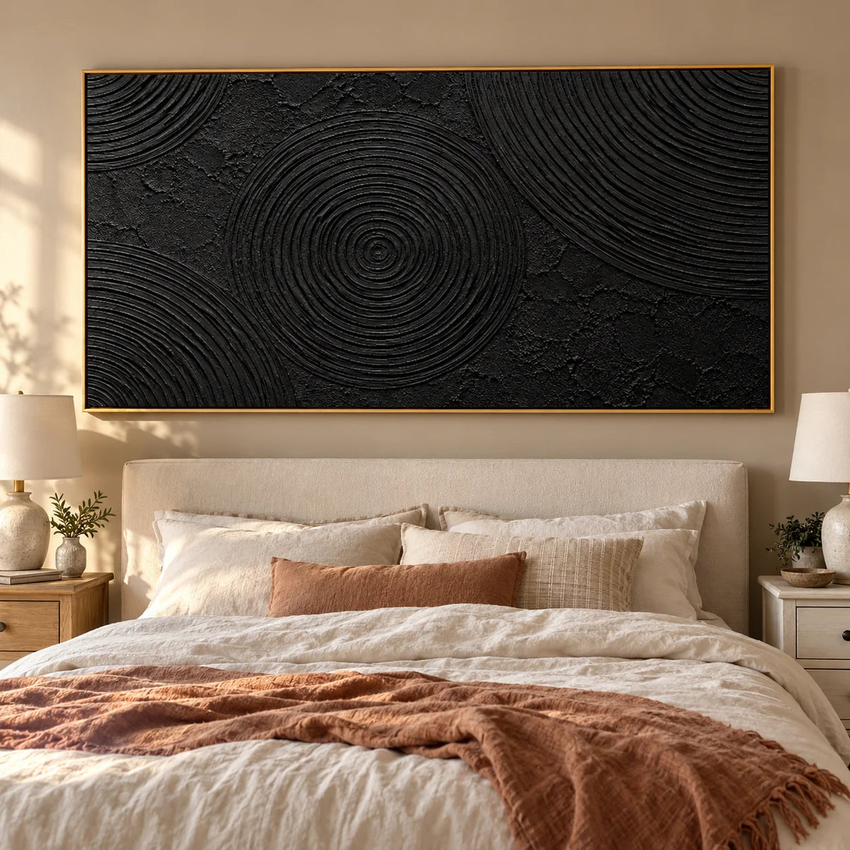 Ownanart Hand-Painted Black Abstract Oil Painting – Concentric Circle Texture, Sculptural Horizontal Canvas Wall Art