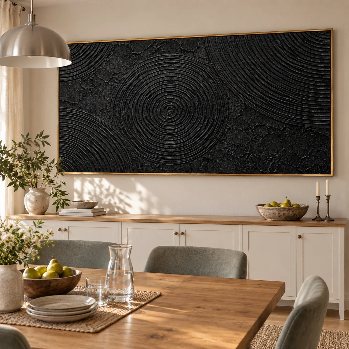 Ownanart Hand-Painted Black Abstract Oil Painting – Concentric Circle Texture, Sculptural Horizontal Canvas Wall Art