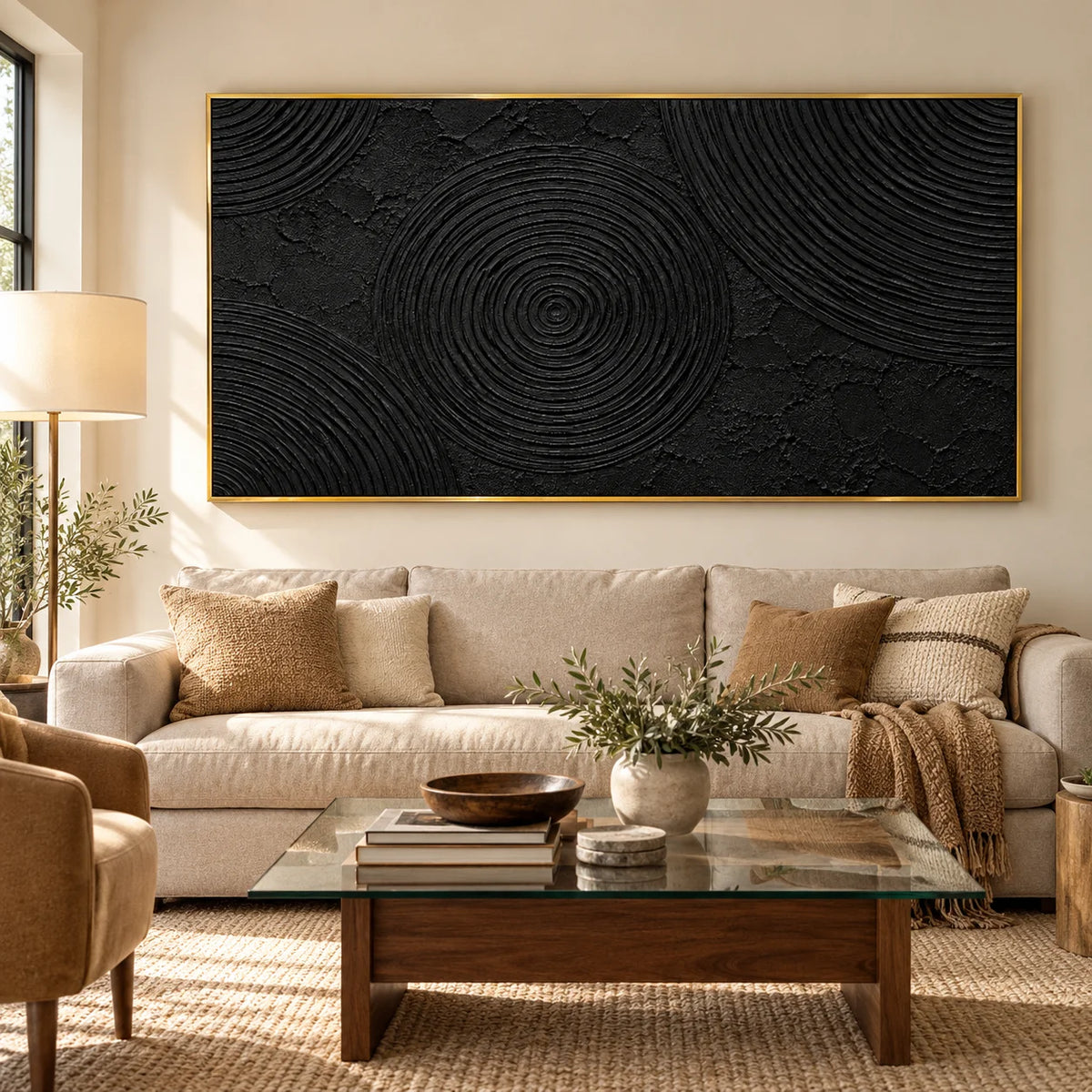Ownanart Hand-Painted Black Abstract Oil Painting – Concentric Circle Texture, Sculptural Horizontal Canvas Wall Art