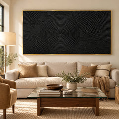 Ownanart Hand-Painted Black Abstract Oil Painting – Concentric Circle Texture, Sculptural Horizontal Canvas Wall Art #OA 1443