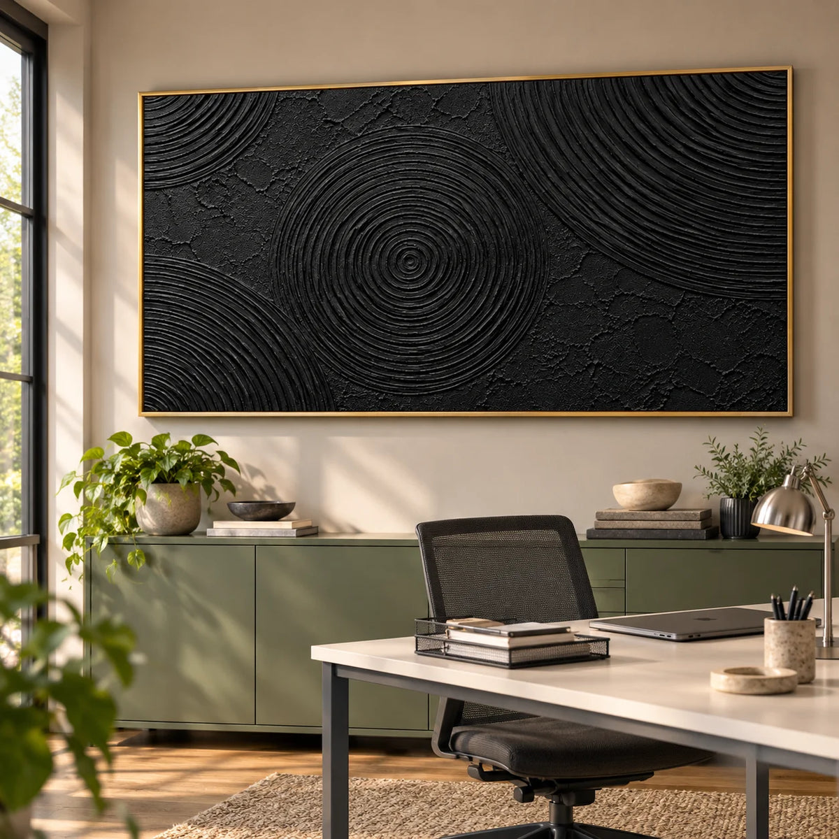 Ownanart Hand-Painted Black Abstract Oil Painting – Concentric Circle Texture, Sculptural Horizontal Canvas Wall Art