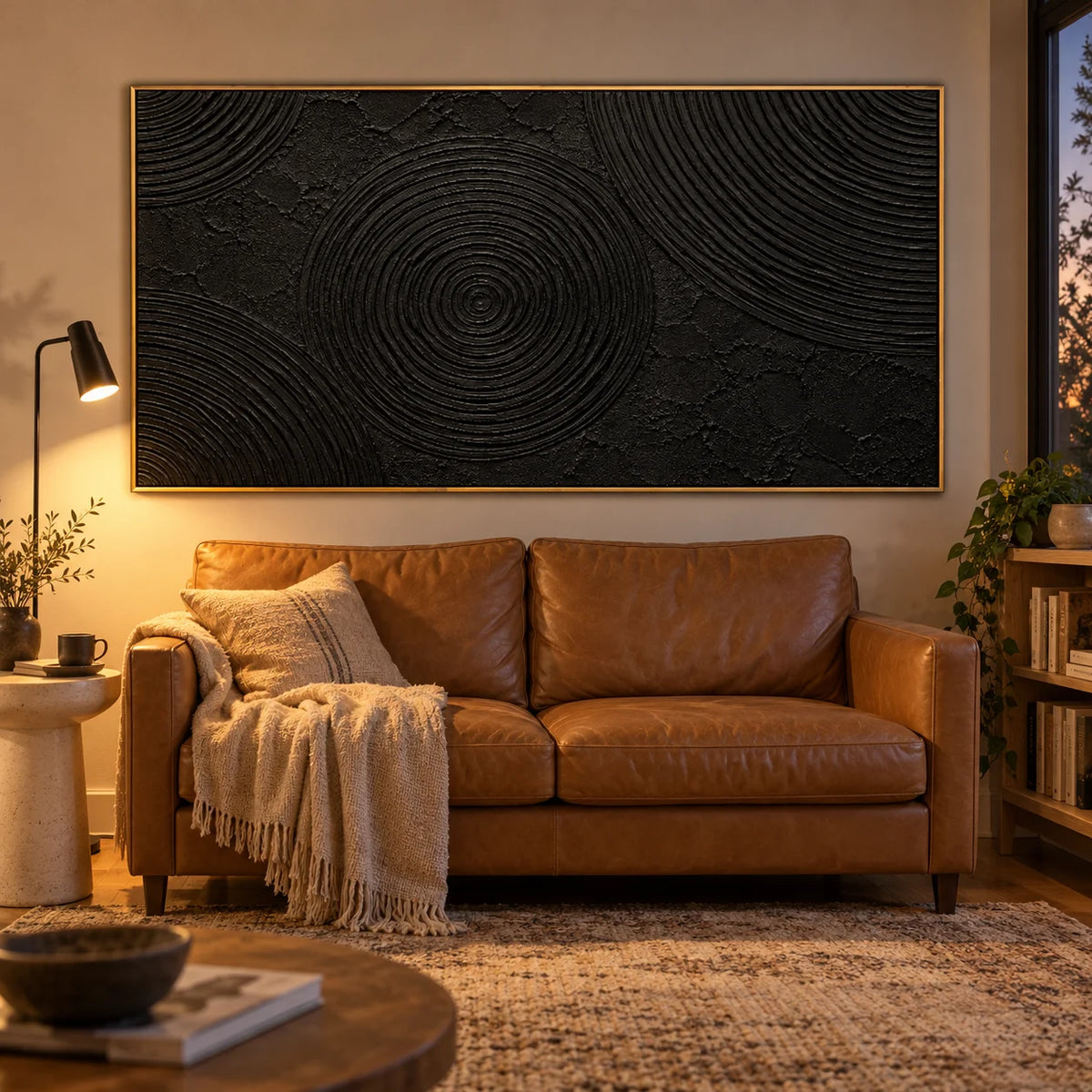 Ownanart Hand-Painted Black Abstract Oil Painting – Concentric Circle Texture, Sculptural Horizontal Canvas Wall Art