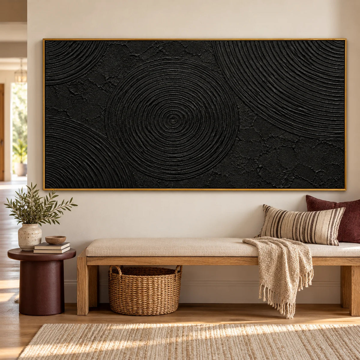 Ownanart Hand-Painted Black Abstract Oil Painting – Concentric Circle Texture, Sculptural Horizontal Canvas Wall Art