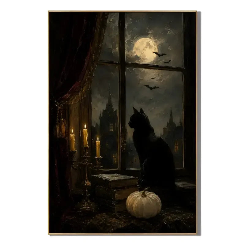 Ownanart Hand-Painted Black Cat Under Full Moon Oil Painting | Gothic Halloween Wall Art | Dark Academia Canvas Artwork | Mystical Castle Night Window Decor for Living Room, Bedroom & Entryway # OA 1289