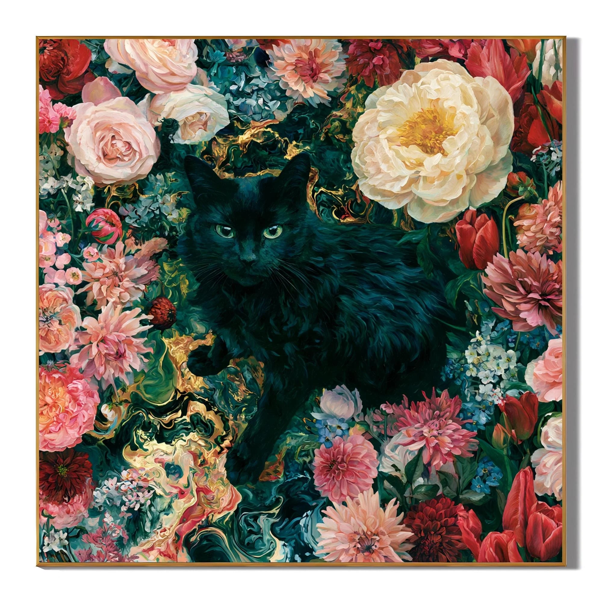 Hand-Painted Black Cat and Floral Oil Painting, Colorful Botanical Animal Canvas Wall Art for Living Room and Bedroom Decor # OA 1157