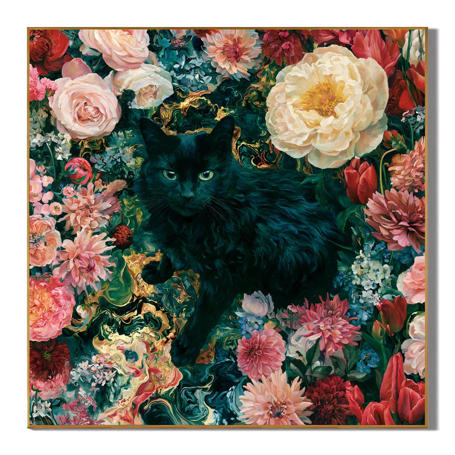 Hand-Painted Black Cat and Floral Oil Painting, Colorful Botanical Animal Canvas Wall Art for Living Room and Bedroom Decor # OA 1157