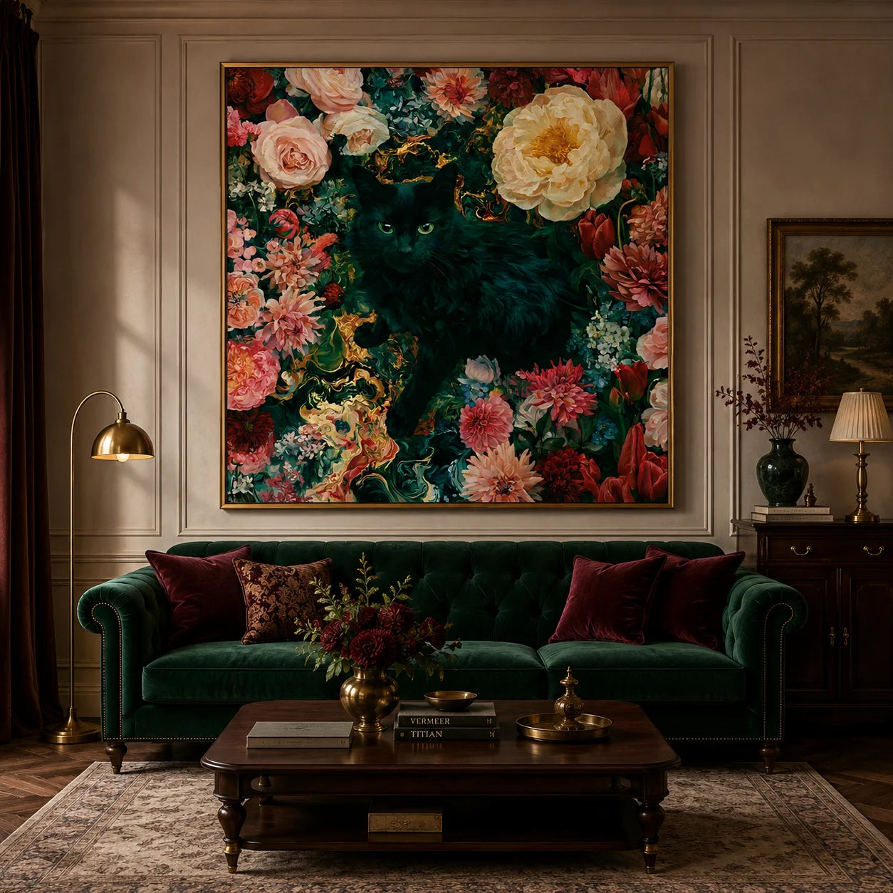 Hand-Painted Black Cat and Floral Oil Painting, Colorful Botanical Animal Canvas Wall Art for Living Room and Bedroom Decor # OA 1157