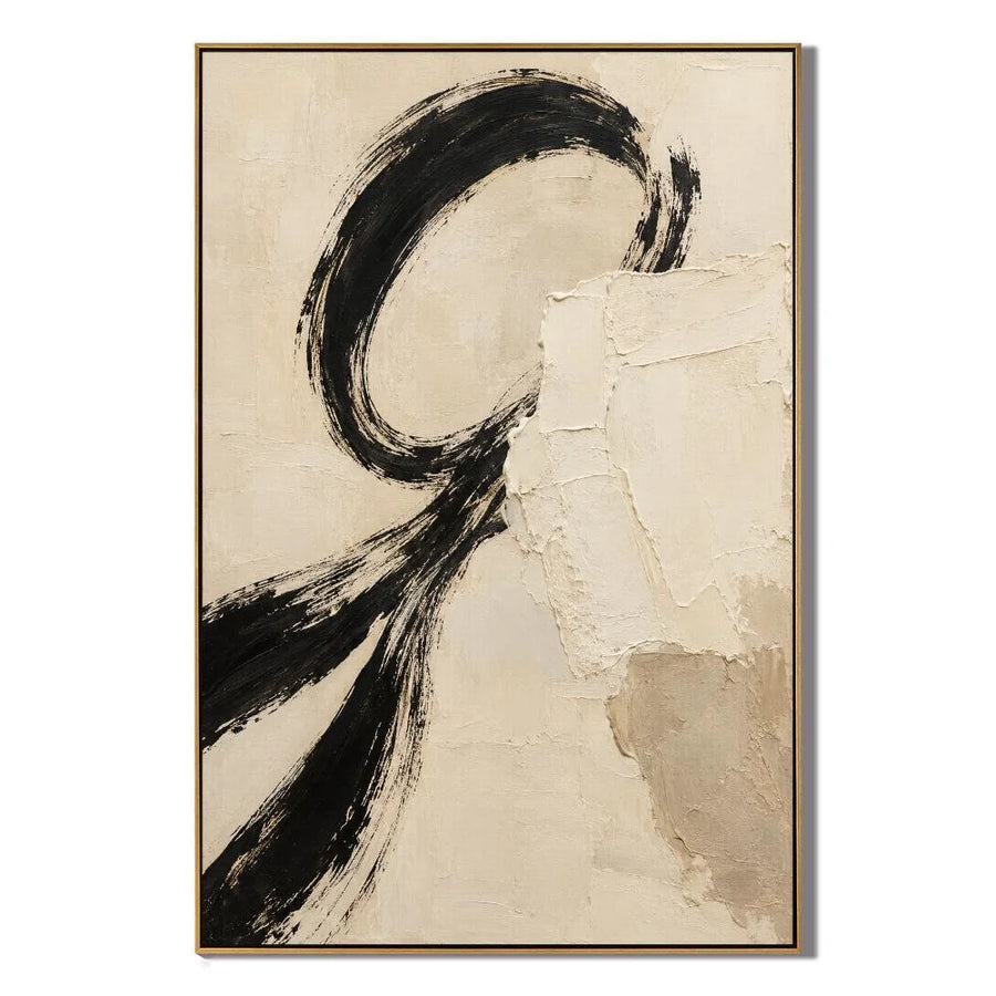 Ownanart Hand-Painted Black & Cream Abstract Oil Painting – Expressive Circular Brushstrokes, Vertical Textured Wabi-Sabi Wall Art #OA 1414