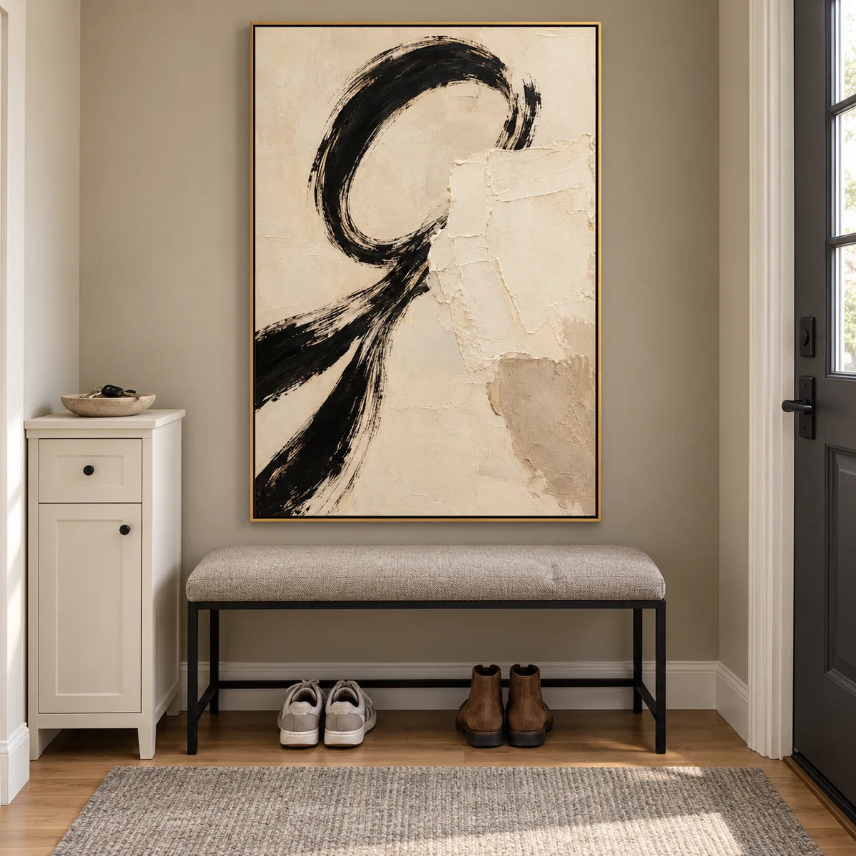 Ownanart Hand-Painted Black & Cream Abstract Oil Painting – Expressive Circular Brushstrokes, Vertical Textured Wabi-Sabi Wall Art