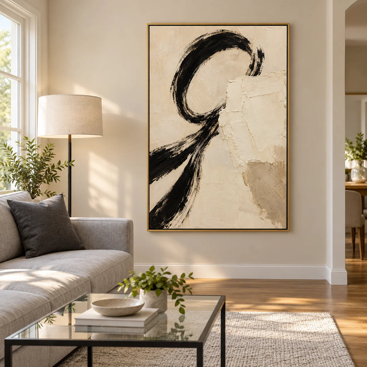 Ownanart Hand-Painted Black & Cream Abstract Oil Painting – Expressive Circular Brushstrokes, Vertical Textured Wabi-Sabi Wall Art