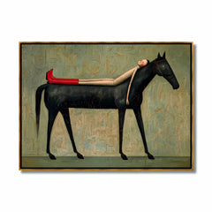 Hand-Painted Black Horse and Red Boots Girl Oil Painting | Surreal Figurative Animal Wall Art for Modern Decor#OA 1013
