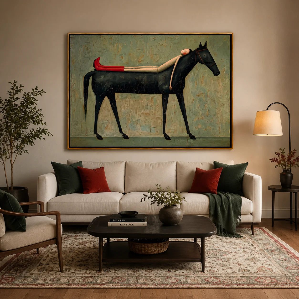 Hand-Painted Black Horse and Red Boots Girl Oil Painting | Surreal Figurative Animal Wall Art for Modern Decor#OA 1013
