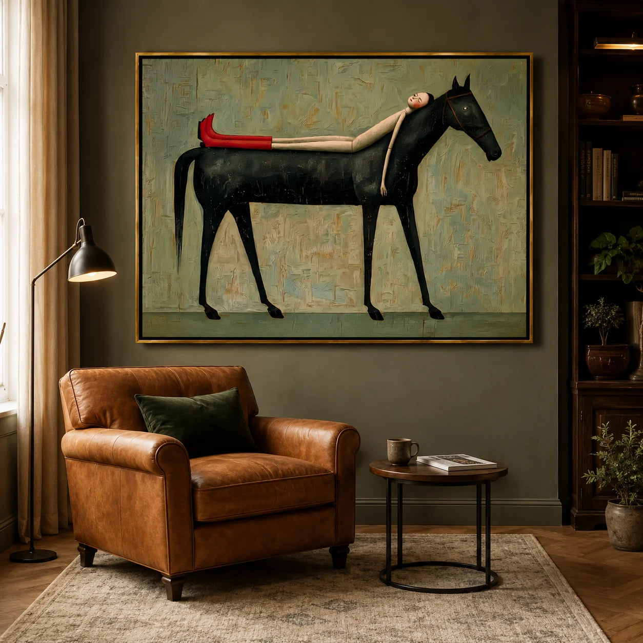 Hand-Painted Black Horse and Red Boots Girl Oil Painting | Surreal Figurative Animal Wall Art for Modern Decor#OA 1013