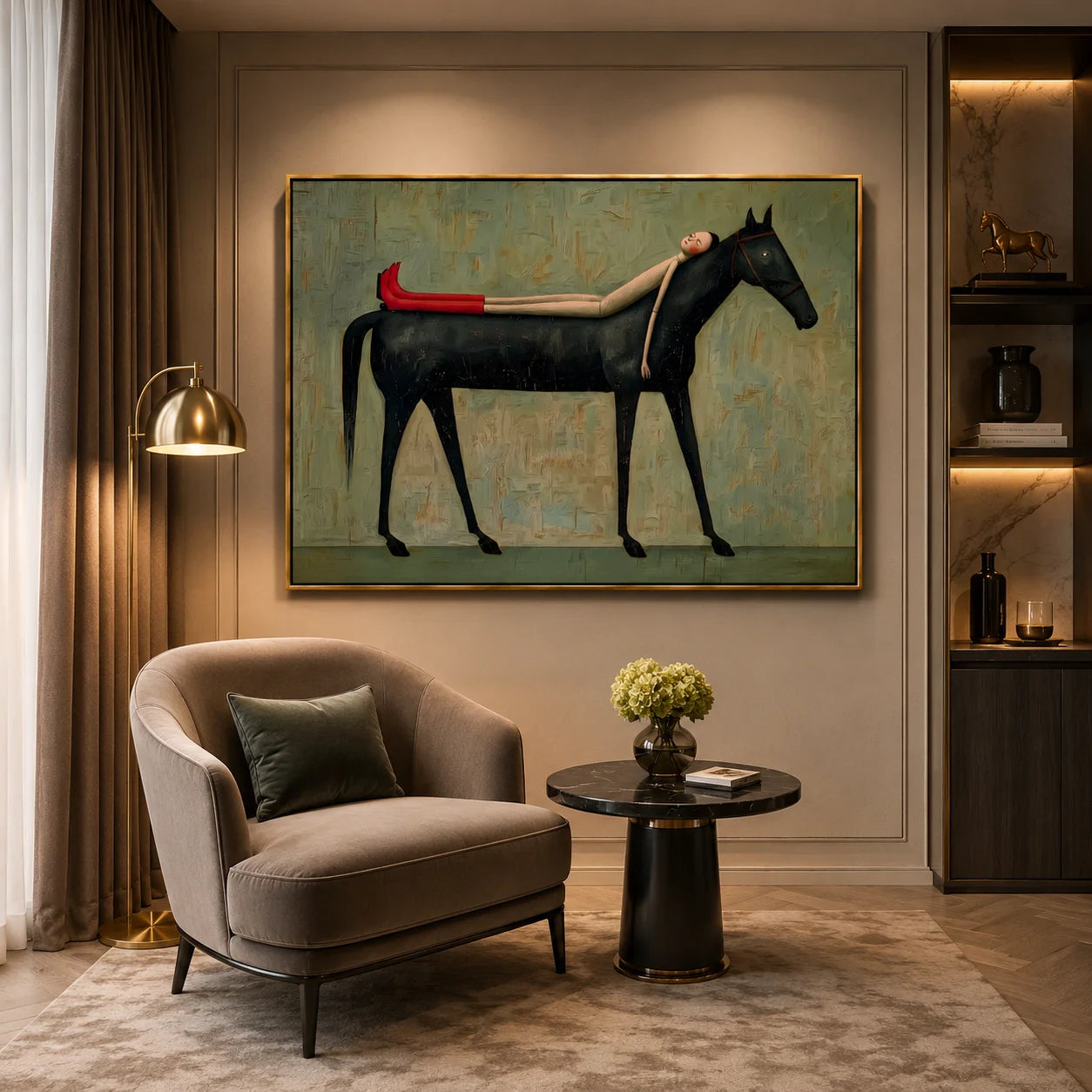 Hand-Painted Black Horse and Red Boots Girl Oil Painting | Surreal Figurative Animal Wall Art for Modern Decor#OA 1013