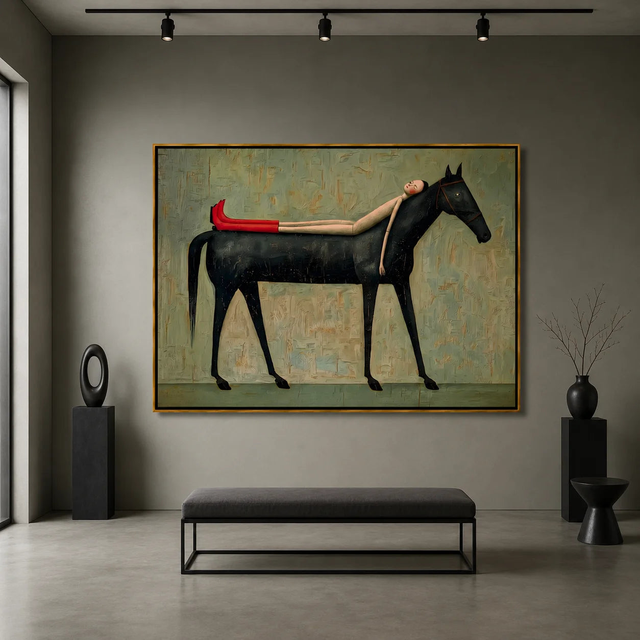 Hand-Painted Black Horse and Red Boots Girl Oil Painting | Surreal Figurative Animal Wall Art for Modern Decor#OA 1013