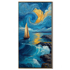 Ownanart Hand-Painted Blue & Gold Starry Night Seascape Oil Painting | Modern Impressionist Sailboat, Swirling Sky, Mountain & Ocean Wave Textured Wall Art for Living Room and Bedroom # OA 1348