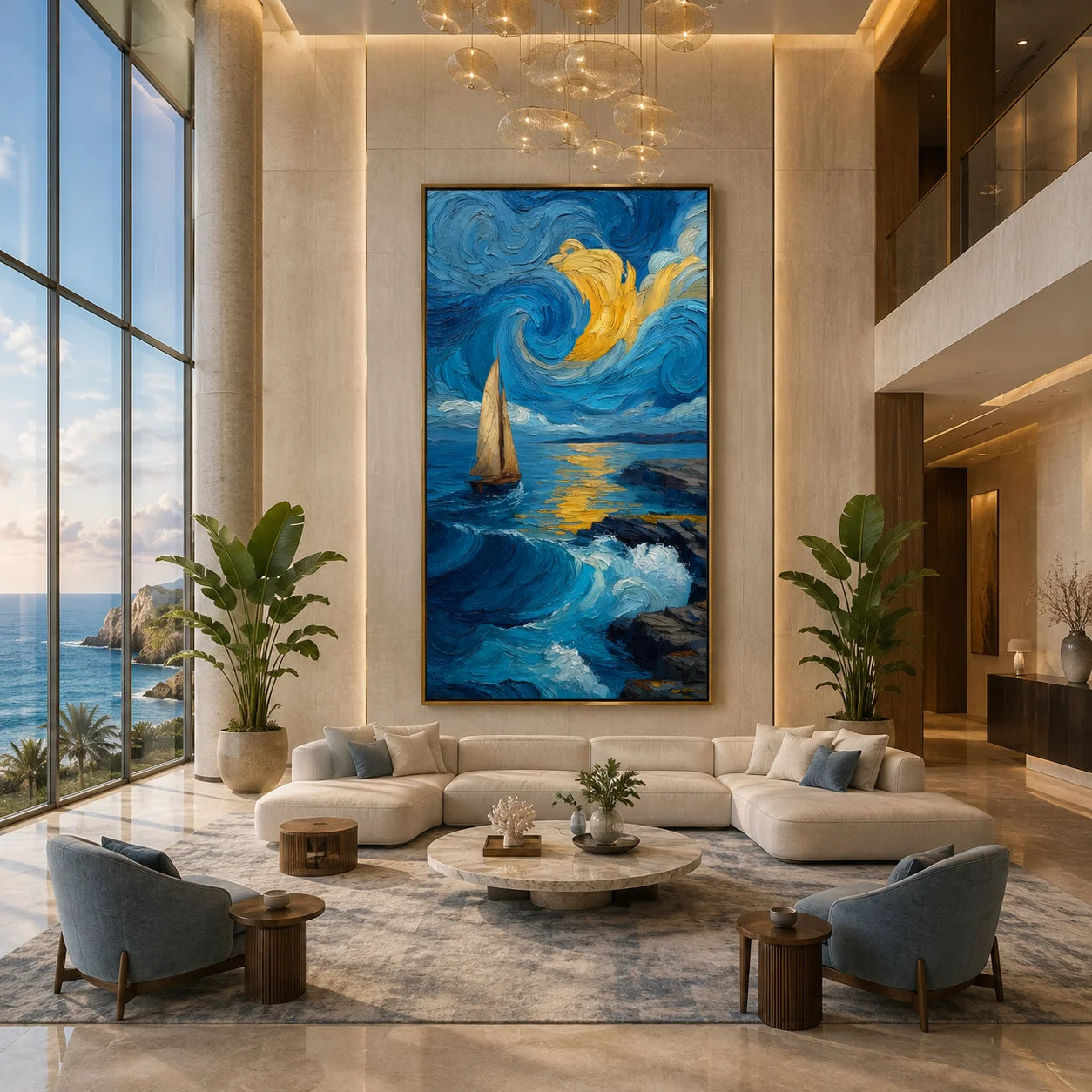 Ownanart Hand-Painted Blue & Gold Starry Night Seascape Oil Painting | Modern Impressionist Sailboat, Swirling Sky, Mountain & Ocean Wave Textured Wall Art for Living Room and Bedroom # OA 1348