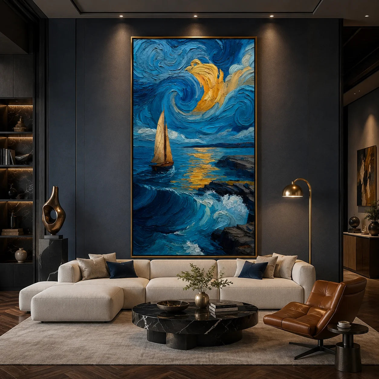 Ownanart Hand-Painted Blue & Gold Starry Night Seascape Oil Painting | Modern Impressionist Sailboat, Swirling Sky, Mountain & Ocean Wave Textured Wall Art for Living Room and Bedroom # OA 1348