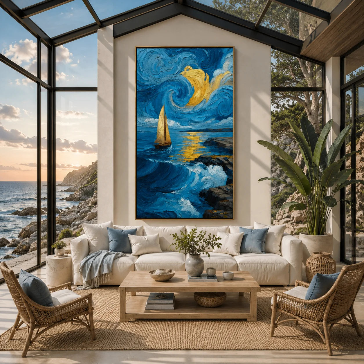 Ownanart Hand-Painted Blue & Gold Starry Night Seascape Oil Painting | Modern Impressionist Sailboat, Swirling Sky, Mountain & Ocean Wave Textured Wall Art for Living Room and Bedroom # OA 1348