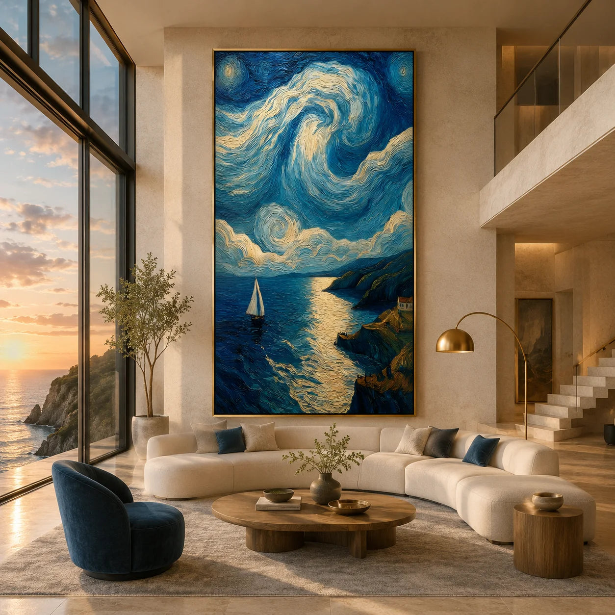 Ownanart Hand-Painted Blue & Gold Starry Coastal Sailboat Oil Painting | Modern Impressionist Swirling Sky, Moonlit Ocean & Textured Seascape Wall Art for Living Room and Bedroom # OA 1349
