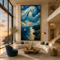 Ownanart Hand-Painted Blue & Gold Starry Coastal Sailboat Oil Painting | Modern Impressionist Swirling Sky, Moonlit Ocean & Textured Seascape Wall Art for Living Room and Bedroom # OA 1349