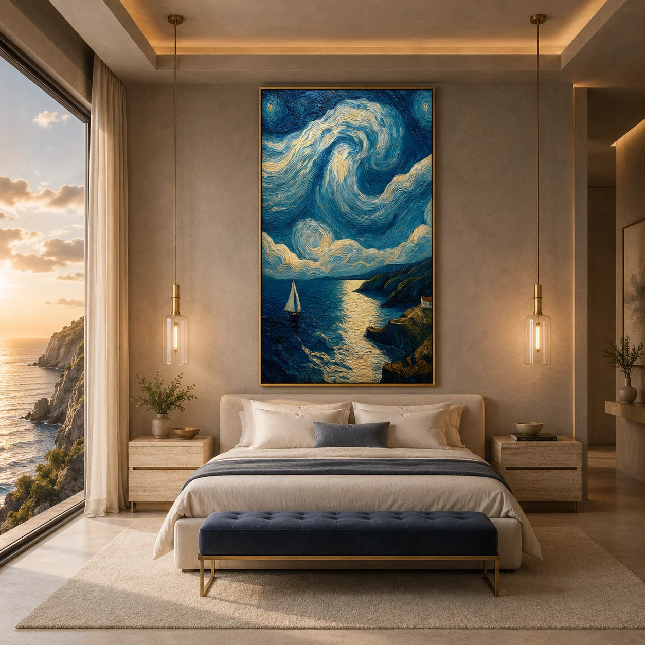 Ownanart Hand-Painted Blue & Gold Starry Coastal Sailboat Oil Painting | Modern Impressionist Swirling Sky, Moonlit Ocean & Textured Seascape Wall Art for Living Room and Bedroom # OA 1349