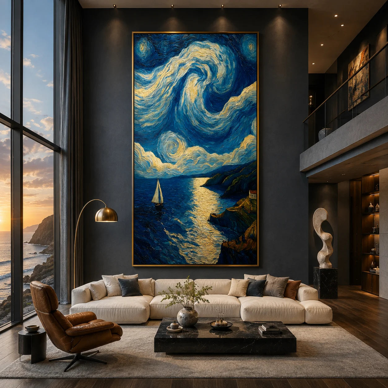 Ownanart Hand-Painted Blue & Gold Starry Coastal Sailboat Oil Painting | Modern Impressionist Swirling Sky, Moonlit Ocean & Textured Seascape Wall Art for Living Room and Bedroom # OA 1349