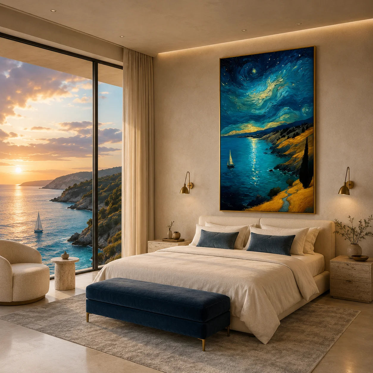 Ownanart Hand-Painted Blue & Gold Starry Night Coastal Sailboat Oil Painting | Modern Impressionist Swirling Sky, Moonlit Sea & Golden Cliff Textured Seascape Wall Art for Living Room and Bedroom # OA 1350