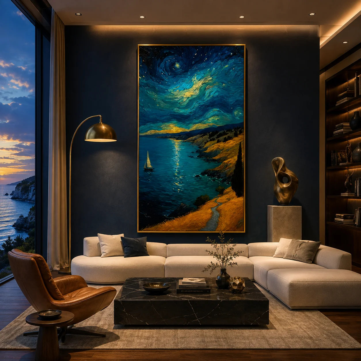 Ownanart Hand-Painted Blue & Gold Starry Night Coastal Sailboat Oil Painting | Modern Impressionist Swirling Sky, Moonlit Sea & Golden Cliff Textured Seascape Wall Art for Living Room and Bedroom # OA 1350
