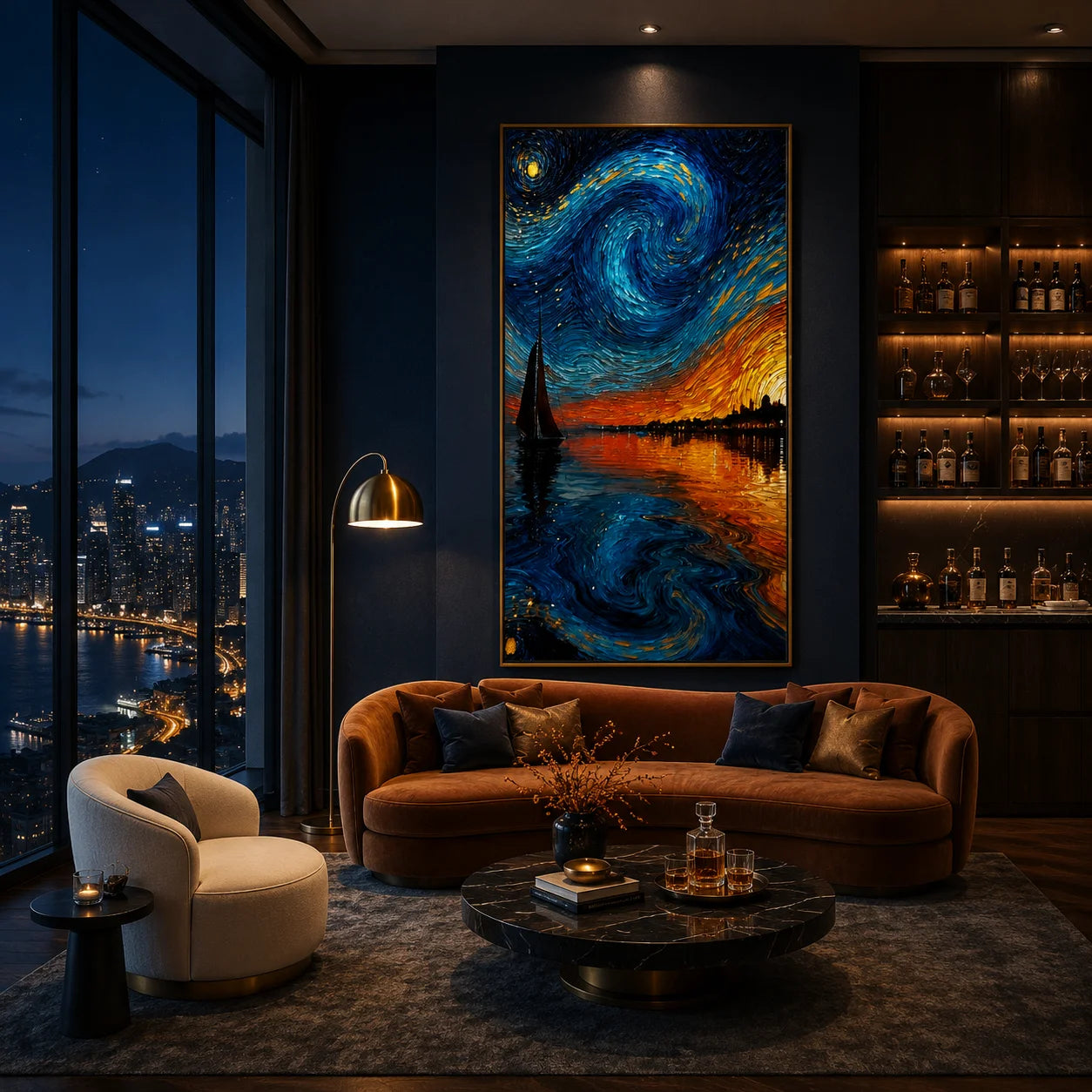Ownanart Hand-Painted Blue & Gold Starry Night Sunset Sailboat Oil Painting | Modern Impressionist Swirling Sky, Golden Seascape & Coastal City Textured Wall Art for Living Room and Bedroom # OA 1351