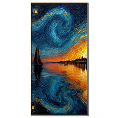 Ownanart Hand-Painted Blue & Gold Starry Night Sunset Sailboat Oil Painting | Modern Impressionist Swirling Sky, Golden Seascape & Coastal City Textured Wall Art for Living Room and Bedroom # OA 1351