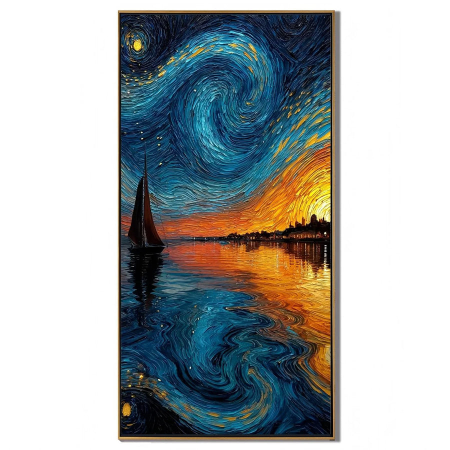 Ownanart Hand-Painted Blue & Gold Starry Night Sunset Sailboat Oil Painting | Modern Impressionist Swirling Sky, Golden Seascape & Coastal City Textured Wall Art for Living Room and Bedroom # OA 1351