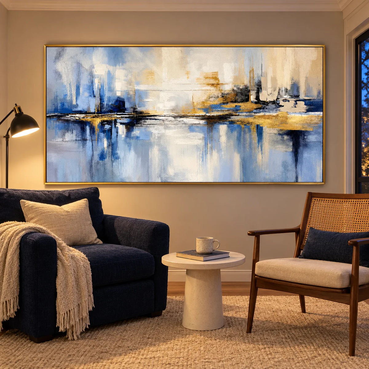 Ownanart Hand-Painted Blue and Gold Abstract Cityscape Oil Painting – Skyline Reflections, Textured Horizontal Canvas Wall Art