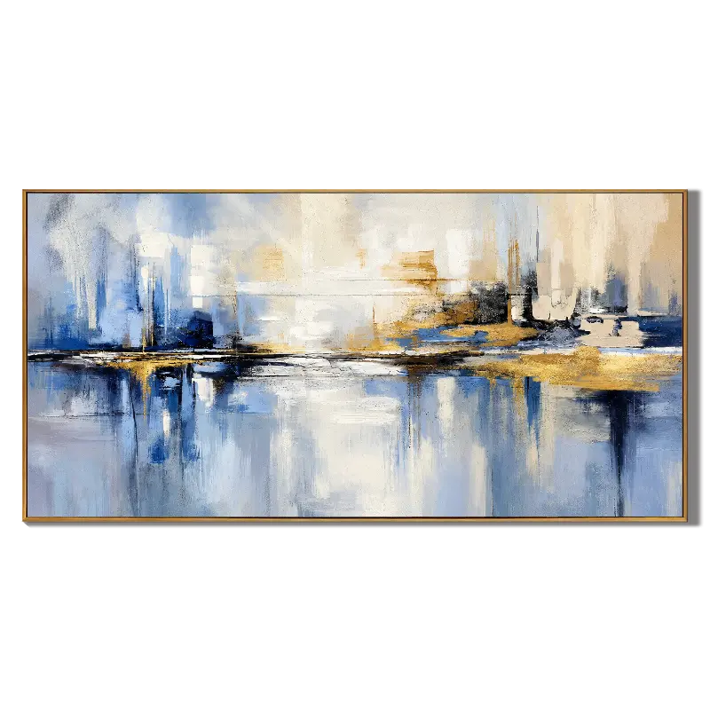 Ownanart Hand-Painted Blue and Gold Abstract Cityscape Oil Painting – Skyline Reflections, Textured Horizontal Canvas Wall Art