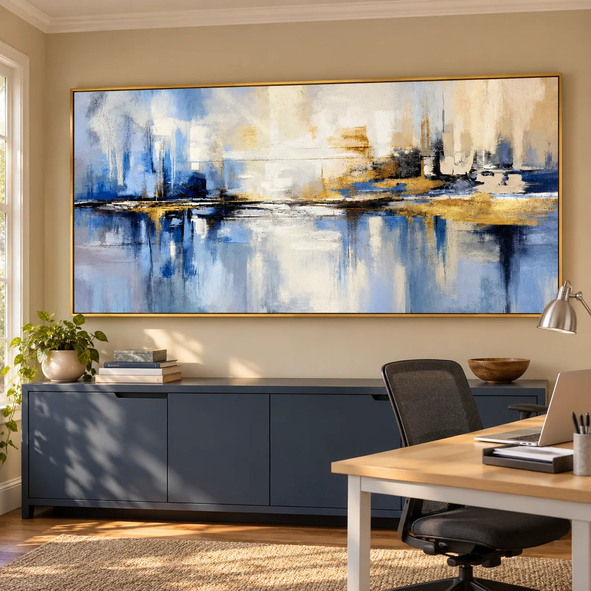 Ownanart Hand-Painted Blue and Gold Abstract Cityscape Oil Painting – Skyline Reflections, Textured Horizontal Canvas Wall Art