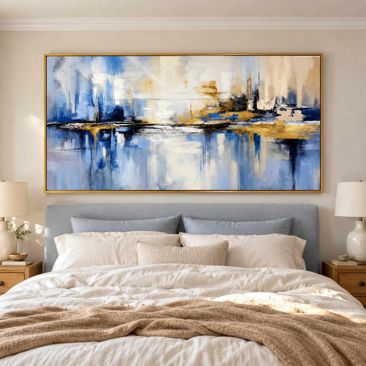 Ownanart Hand-Painted Blue and Gold Abstract Cityscape Oil Painting – Skyline Reflections, Textured Horizontal Canvas Wall Art