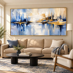 Ownanart Hand-Painted Blue and Gold Abstract Cityscape Oil Painting – Skyline Reflections, Textured Horizontal Canvas Wall Art #OA 1441