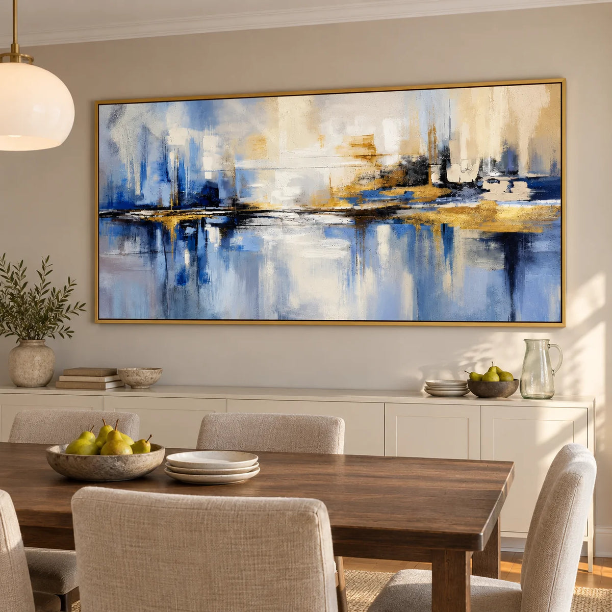 Ownanart Hand-Painted Blue and Gold Abstract Cityscape Oil Painting – Skyline Reflections, Textured Horizontal Canvas Wall Art