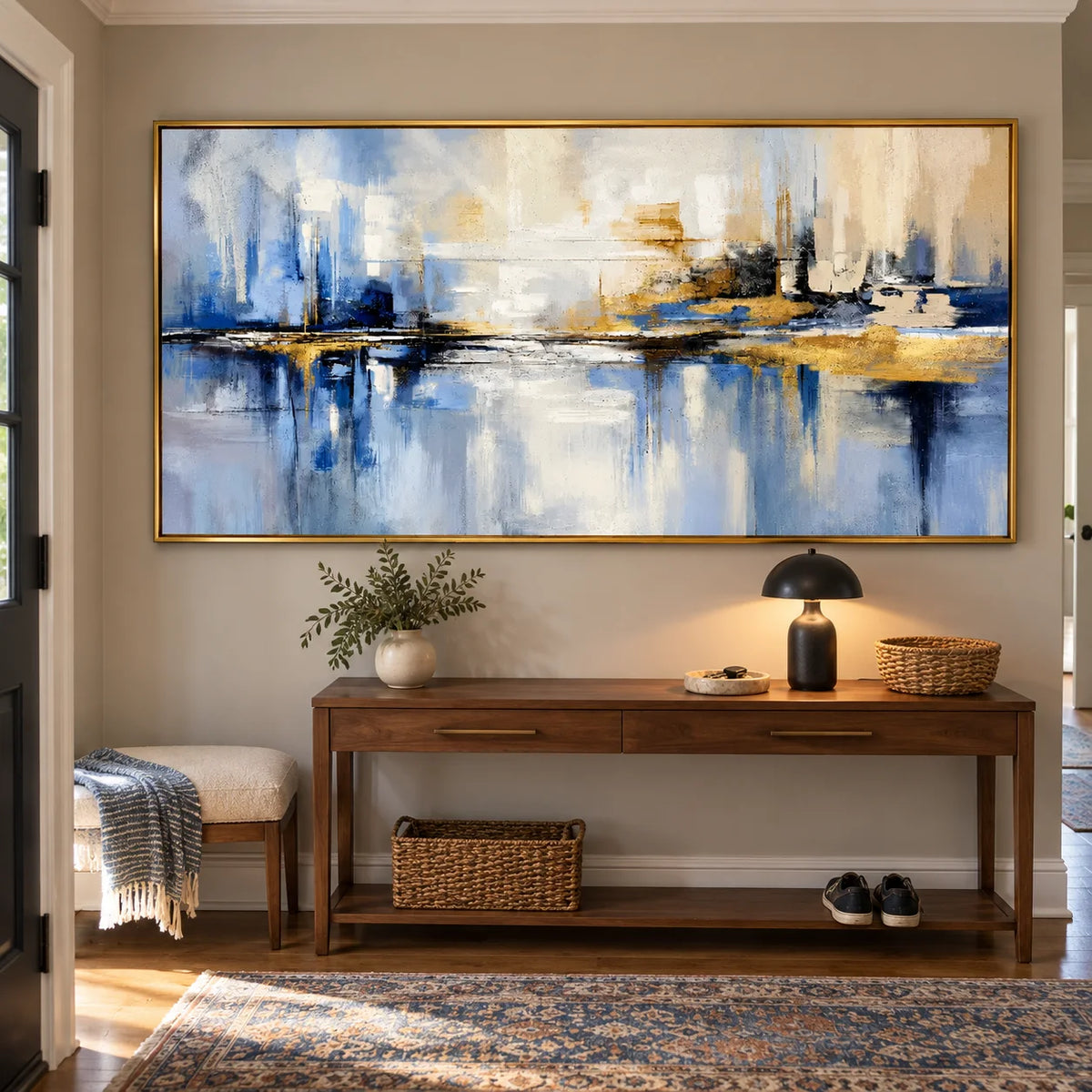 Ownanart Hand-Painted Blue and Gold Abstract Cityscape Oil Painting – Skyline Reflections, Textured Horizontal Canvas Wall Art