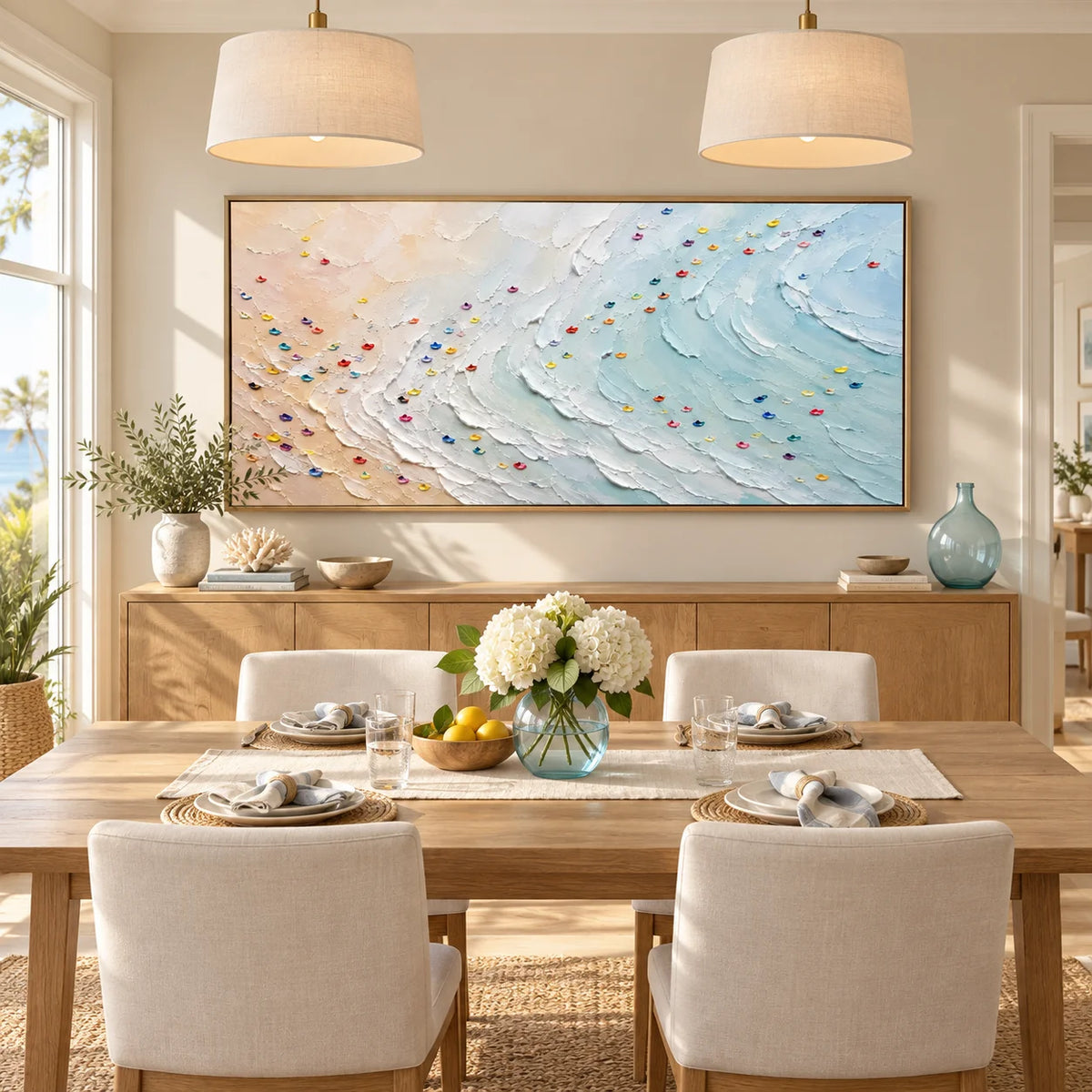 Ownanart Hand-Painted Coastal Ocean Wave Textured Oil Painting – Pastel Blue Sea Waves, Soft Beige Sandy Beach and Colorful Impasto Abstract Seascape Wall Art for Modern Living Room