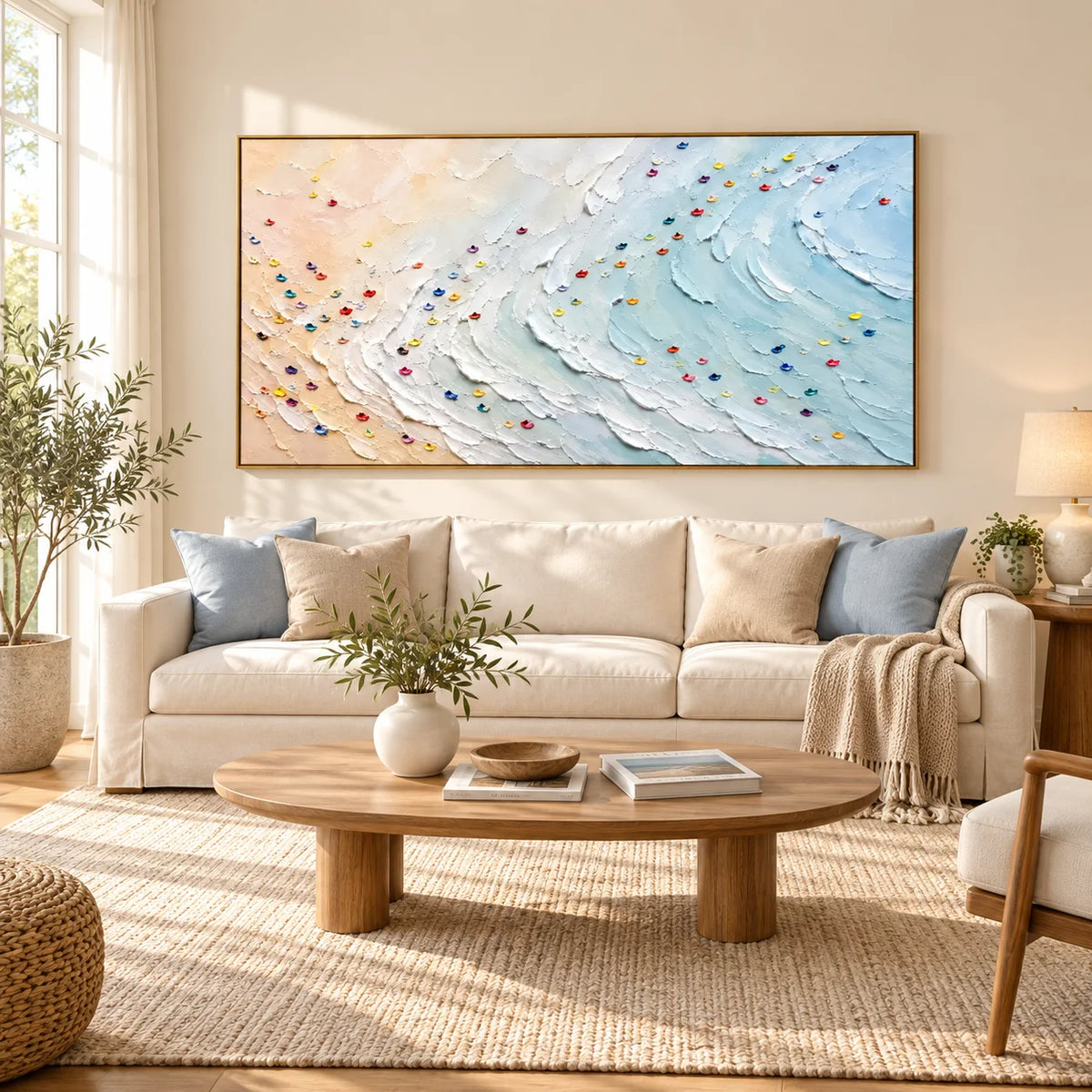 Ownanart Hand-Painted Coastal Ocean Wave Textured Oil Painting – Pastel Blue Sea Waves, Soft Beige Sandy Beach and Colorful Impasto Abstract Seascape Wall Art for Modern Living Room