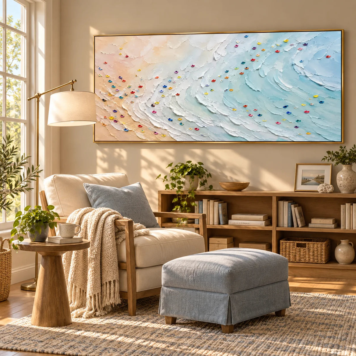 Ownanart Hand-Painted Coastal Ocean Wave Textured Oil Painting – Pastel Blue Sea Waves, Soft Beige Sandy Beach and Colorful Impasto Abstract Seascape Wall Art for Modern Living Room