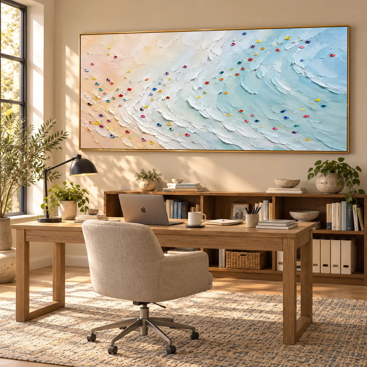 Ownanart Hand-Painted Coastal Ocean Wave Textured Oil Painting – Pastel Blue Sea Waves, Soft Beige Sandy Beach and Colorful Impasto Abstract Seascape Wall Art for Modern Living Room