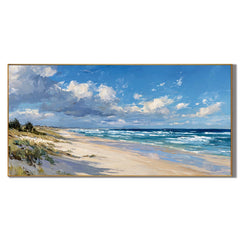 Ownanart Hand-Painted Coastal Seascape Oil Painting – Blue Sky, White Clouds, Ocean Waves and Sandy Beach Panoramic Wall Art # OA 1244